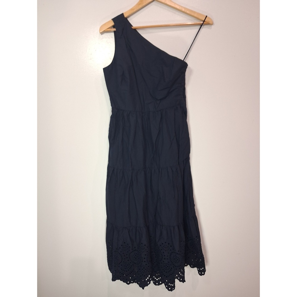 GAP Navy Blue One Shoulder Tiered Eyelet Midi Dress Pockets Petite 0